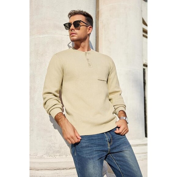 Men's Henley Knit Sweater Long Sleeve Soft Pullover Shirt with Chest Pocket - Picture 5 of 5